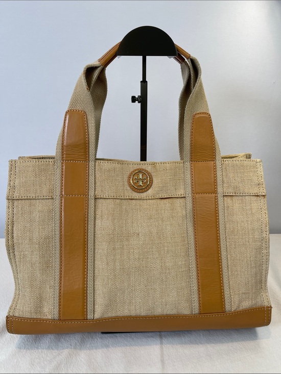 Tory Burch Handbags - Tory Burch Ella Canvas Tote Beige Natural Canvas Leather Trim Small Tote Bag